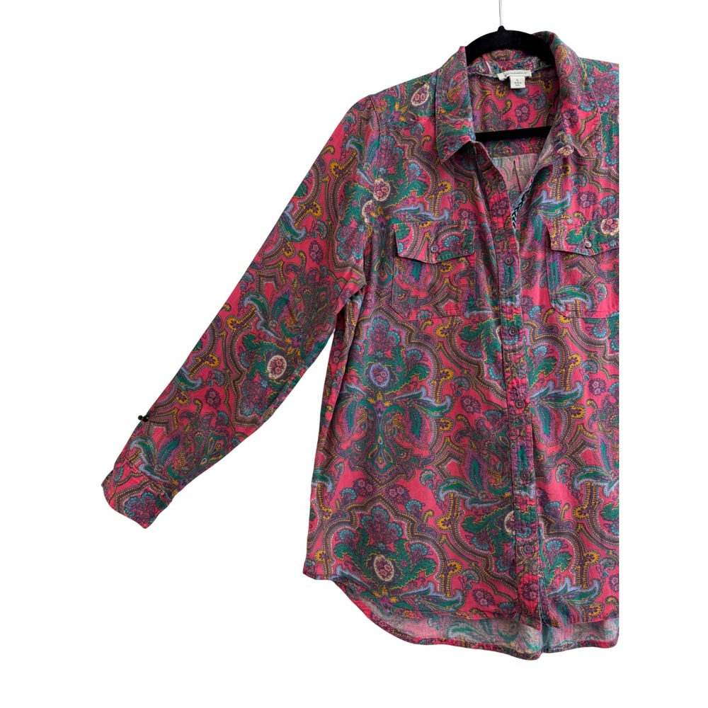 Sundance Paisley Button Down Shirt Womens L Pink Cotton Roll Tab Sleeve Boho - Picture 6 of 10